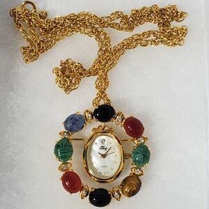 Rare VTG Faberge Hand Carved Natural Stone Scarab Brooch Pendant Necklace Watch